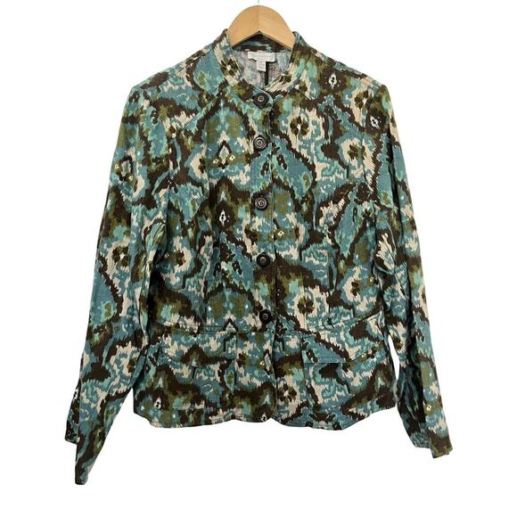 Charter Club Womens Linen Abstract Print Jacket Size 1X Green Coastal Grandma - Picture 1 of 8